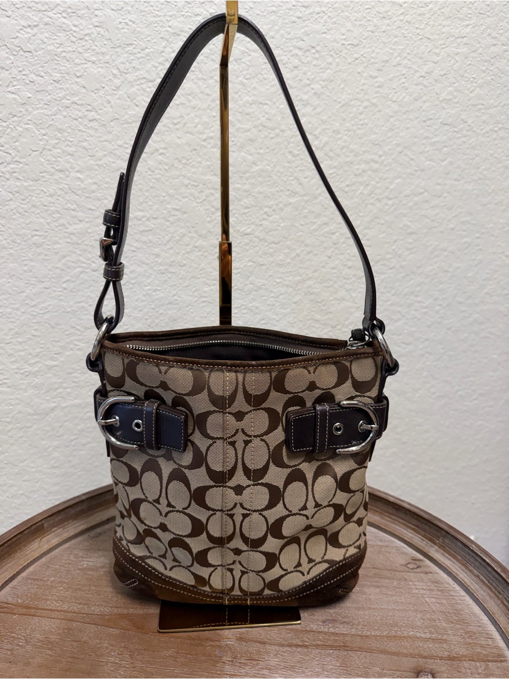 Coach Signature Canvas Bucket Shoulder Bag w/ Brown Suede bottom